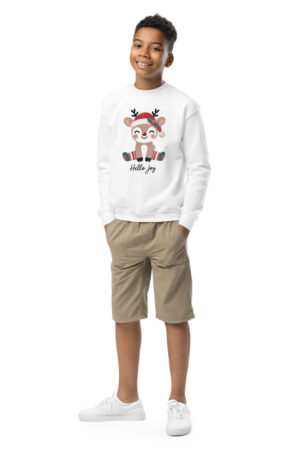 Sweatshirt de criança da Hello Joy com estampado natalino, featuring árvores de Natal, estrelas e presentes em cores vibrantes, disponível nos tamanhos de 1 a 6 anos.