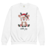 Sweatshirt de criança da Hello Joy com estampado natalino, featuring árvores de Natal, estrelas e presentes em cores vibrantes, disponível nos tamanhos de 1 a 6 anos.