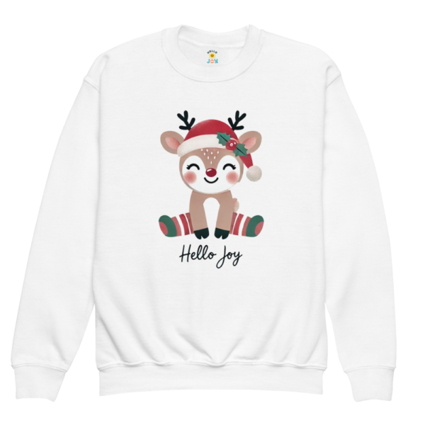 Sweatshirt de criança da Hello Joy com estampado natalino, featuring árvores de Natal, estrelas e presentes em cores vibrantes, disponível nos tamanhos de 1 a 6 anos.